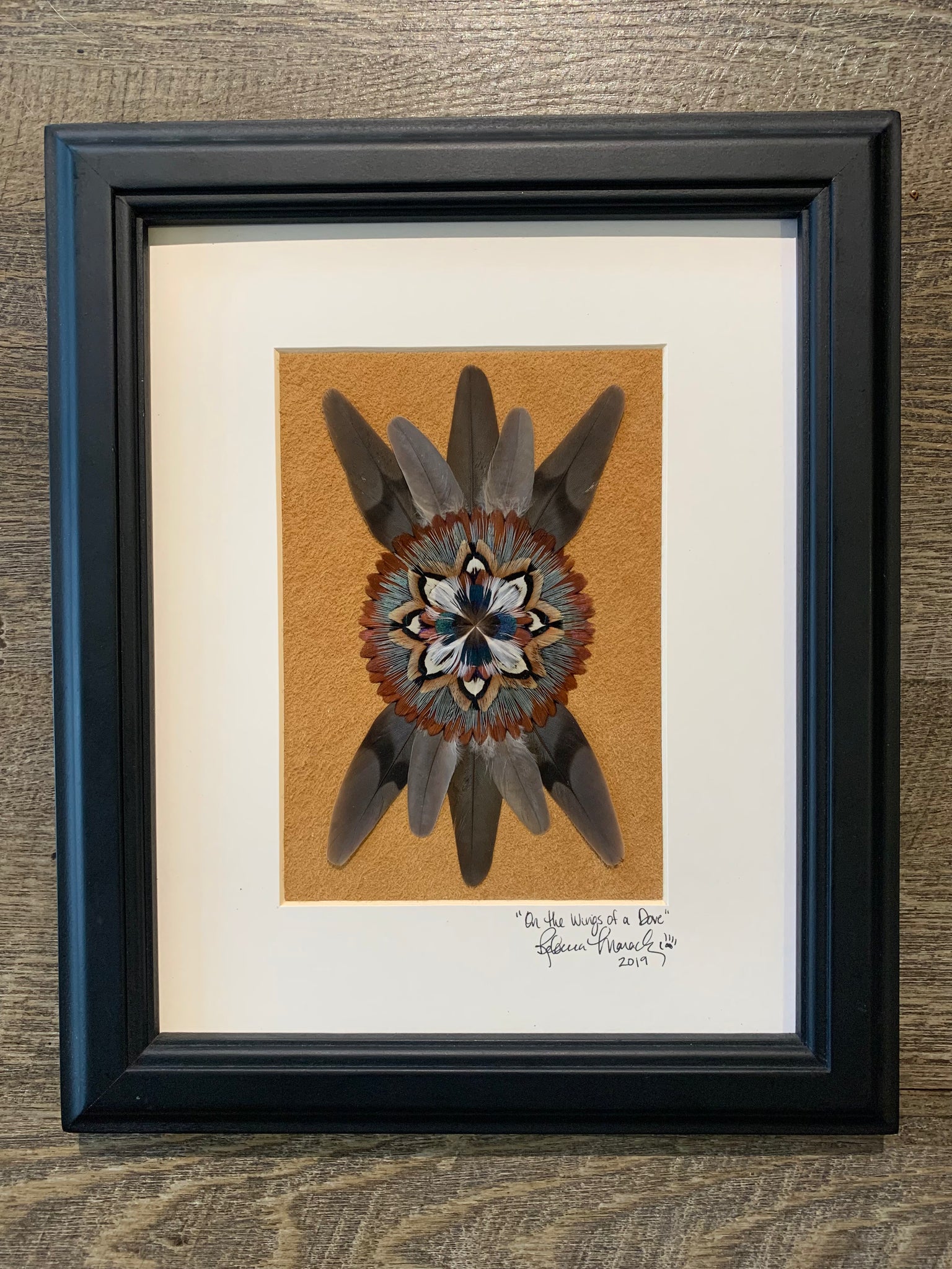 “On the wings of a Dove” Framed Original Featherwork 8x10
